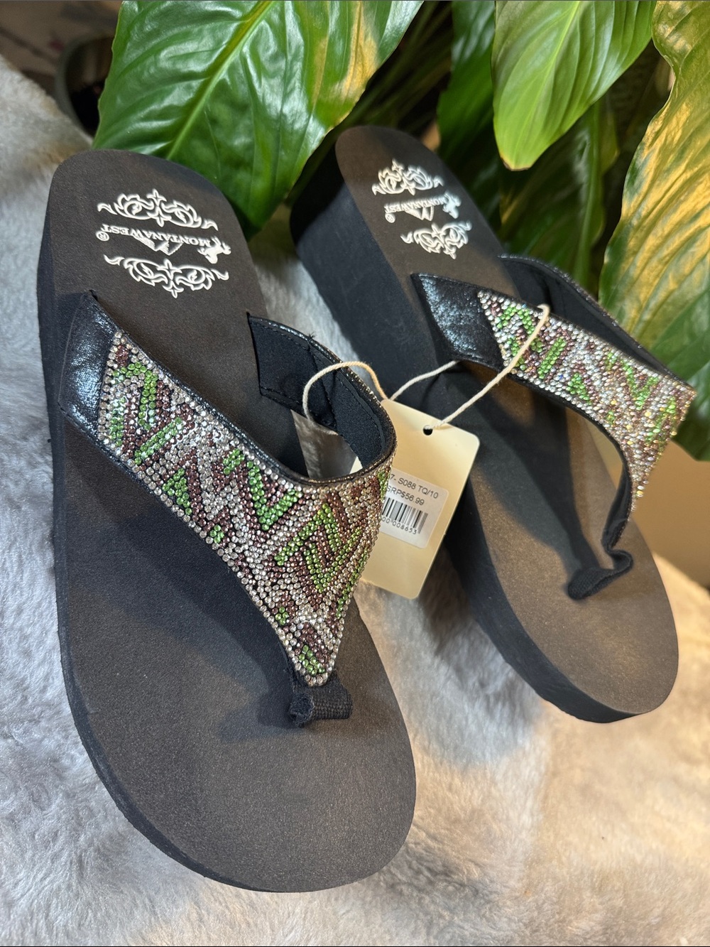 Montana West Black Wedge Flip Flop Sandal Stunning Rhinestones - New! Women's 10
